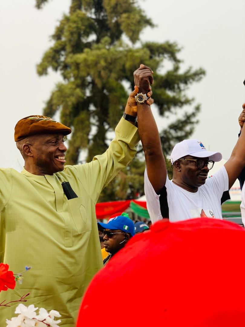 SENATOR GERSHOM BASSEY CONGRATULATES DR EFFIOM EKENG EDET ON HIS VICTORY.