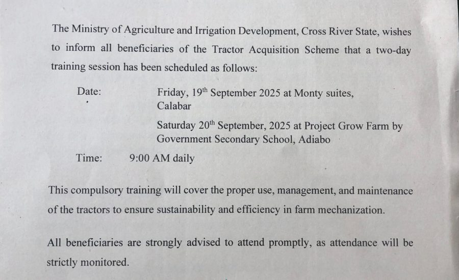 C’RIVER GOVT SCHEDULES MANDATORY TRAINING FOR TRACTOR ACQUISITION SCHEME BENEFICIARIES.