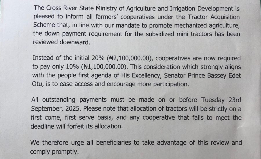C’RIVER GOVT SLASHES DOWN PAYMENT FOR TRACTOR ACQUISITION SCHEME TO BOOST MECHANISED FARMING