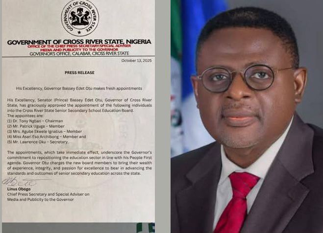 GOVERNOR OTU APPROVES FRESH APPOINTMENTS INTO CROSS RIVER SENIOR SECONDARY SCHOOL EDUCATION BOARD